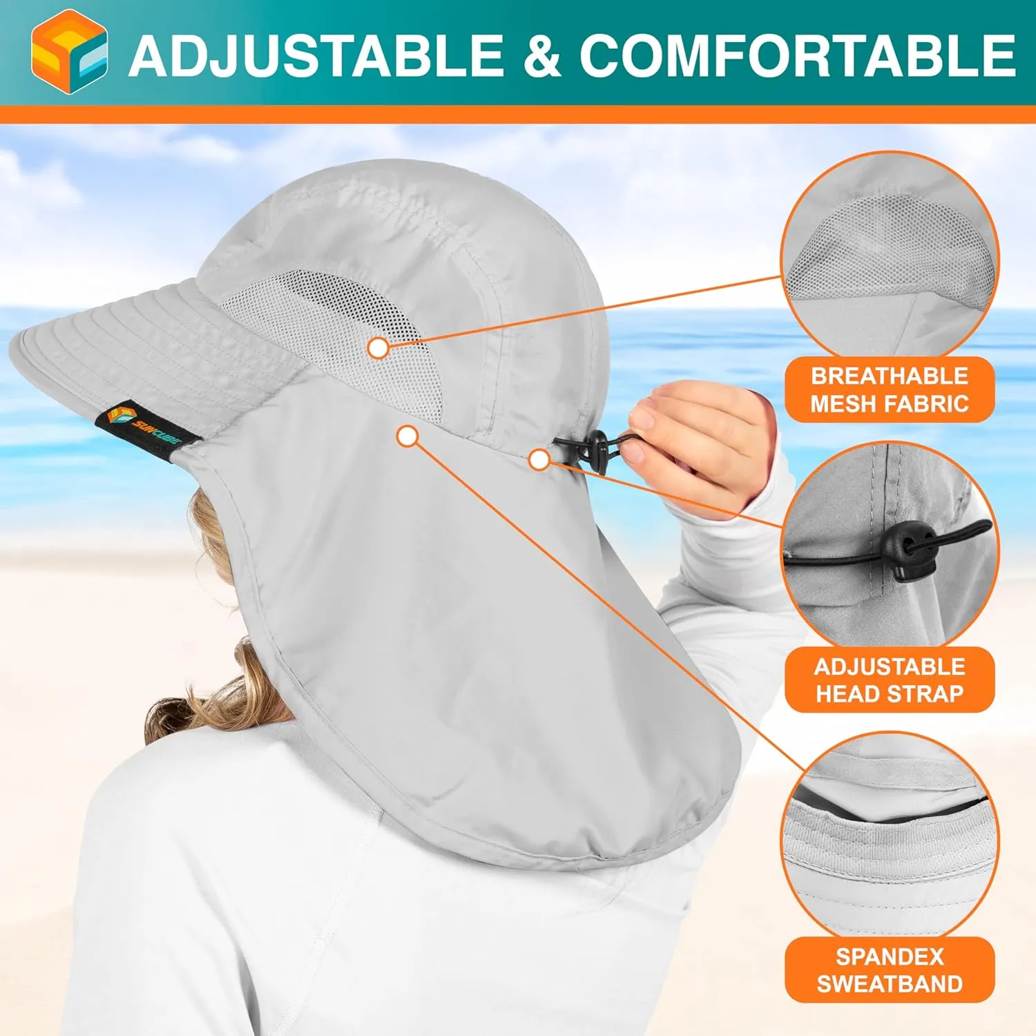 SUN CUBE Wide Brim Sun Hat with Neck Flap, UPF50  Hiking Safari Fishing Hat for Men Women, Sun Protection Beach Hat