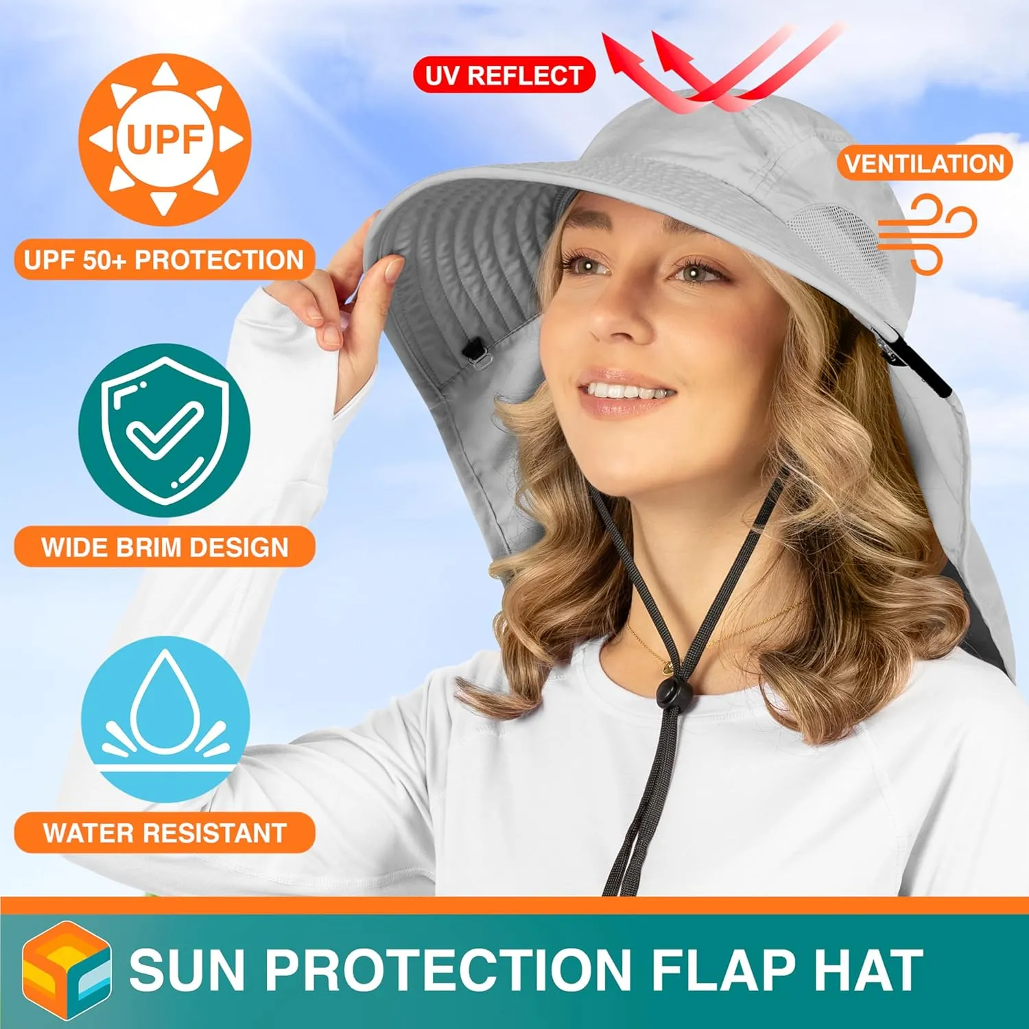 SUN CUBE Wide Brim Sun Hat with Neck Flap, UPF50  Hiking Safari Fishing Hat for Men Women, Sun Protection Beach Hat