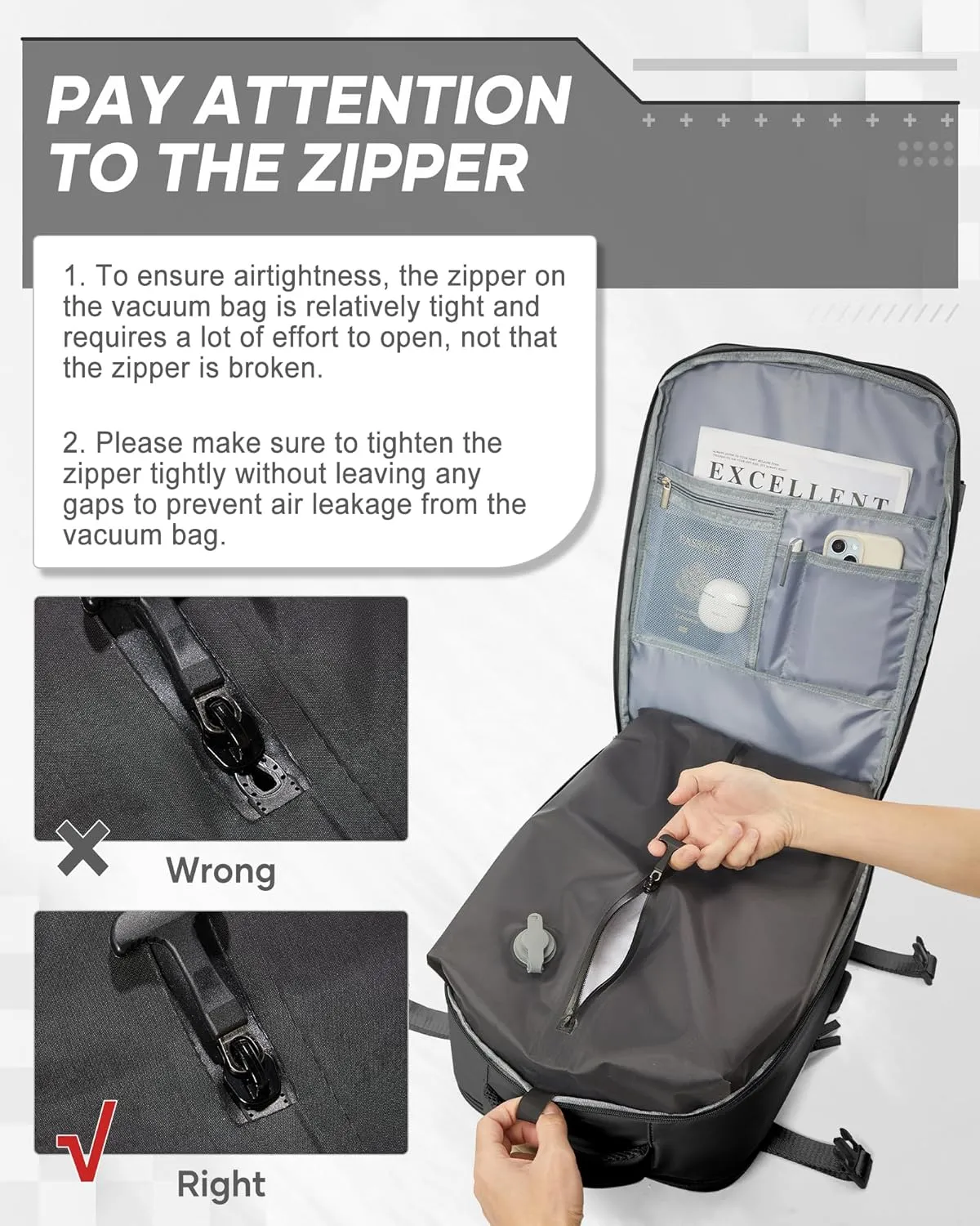 suwasp Vacuum Compression Backpack, 45L Expandable Travel Backpack with Electric Vacpack Pump, Travel Vacuum Bags with Shoe Compartment/17inch Laptop Compartment/USB Port, Black