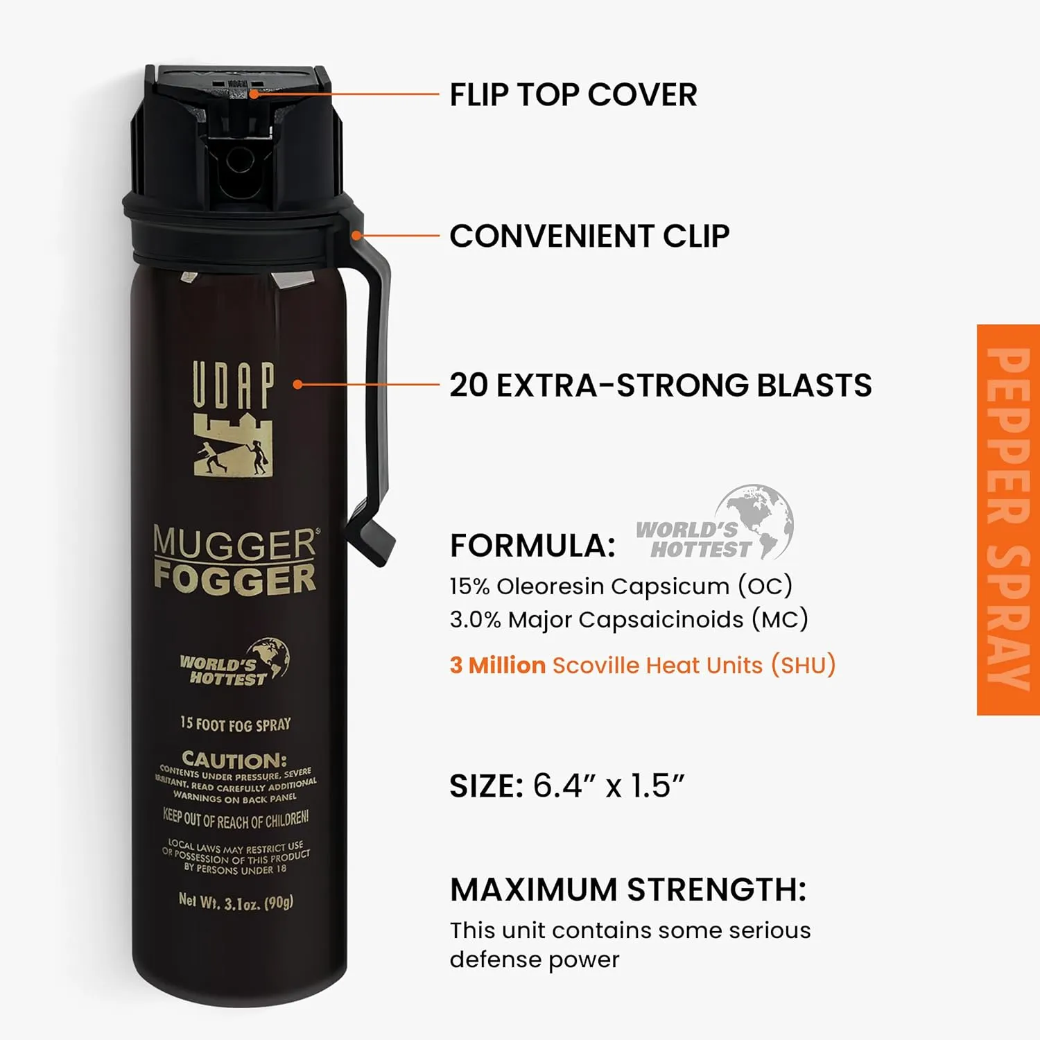 UDAP Pepper Power Jogger Fogger Hot OC Compact Self Defense Pepper Spray with Holster for Women, Men, and Runners, Powerful Blast Pattern