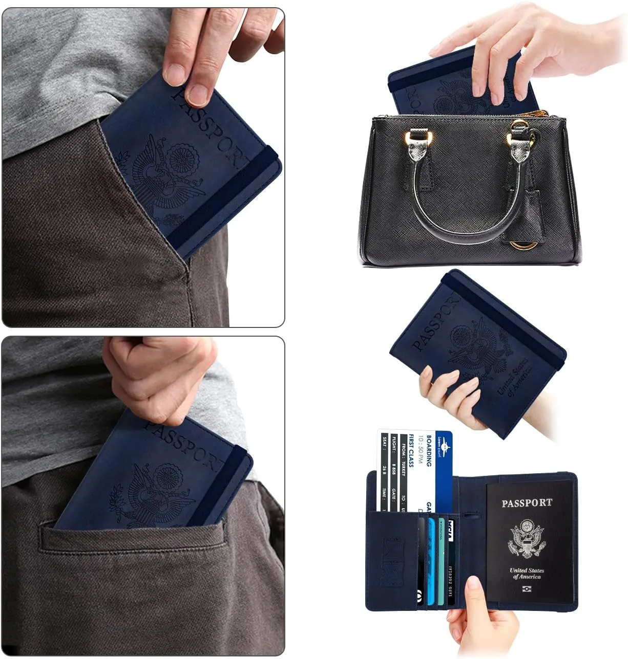 WALNEW Passport Holder for Travel, RFID Passport Cover Wallet for Women Men, PU Leather Passport Book Card Holder Case with Pen, Travelling Essentials for Flying
