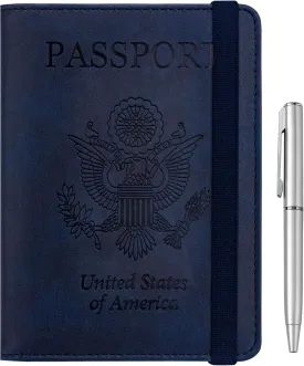 WALNEW Passport Holder for Travel, RFID Passport Cover Wallet for Women Men, PU Leather Passport Book Card Holder Case with Pen, Travelling Essentials for Flying