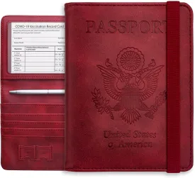 WALNEW Passport Holder Wallet, RFID Blocking Passport Cover Case PU leather Card Holder with Pen and Clear Card Slot for Women Men, Red