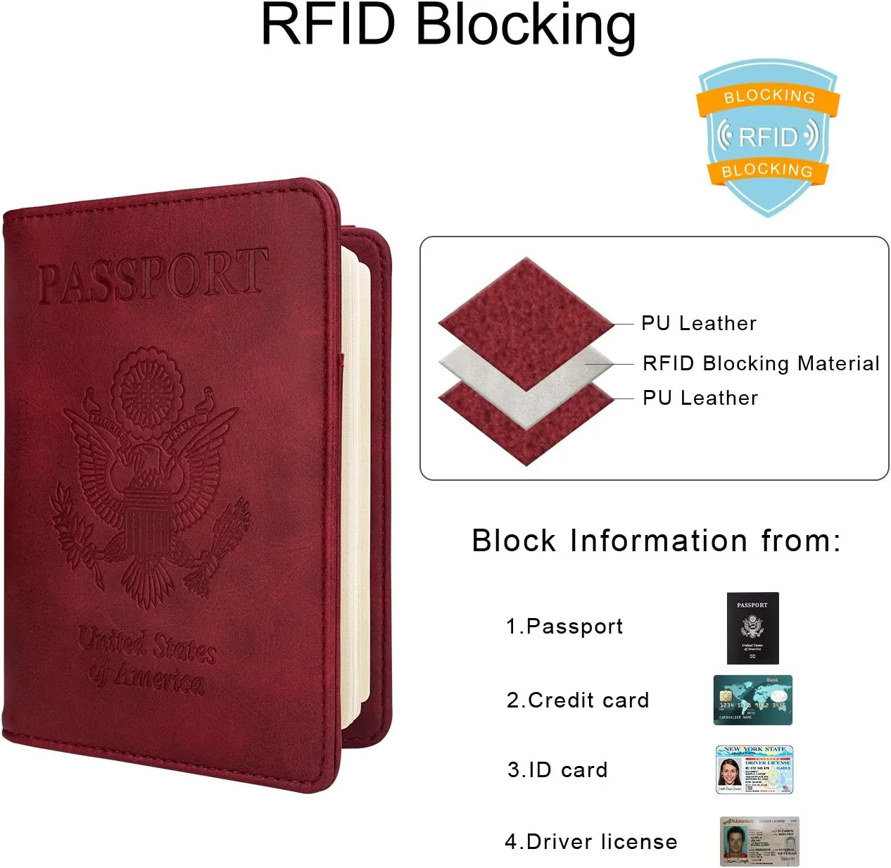 WALNEW Passport Holder Wallet, RFID Blocking Passport Cover Case PU leather Card Holder with Pen and Clear Card Slot for Women Men, Red
