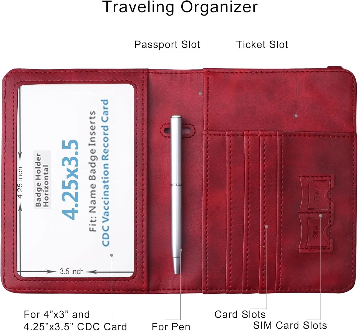 WALNEW Passport Holder Wallet, RFID Blocking Passport Cover Case PU leather Card Holder with Pen and Clear Card Slot for Women Men, Red