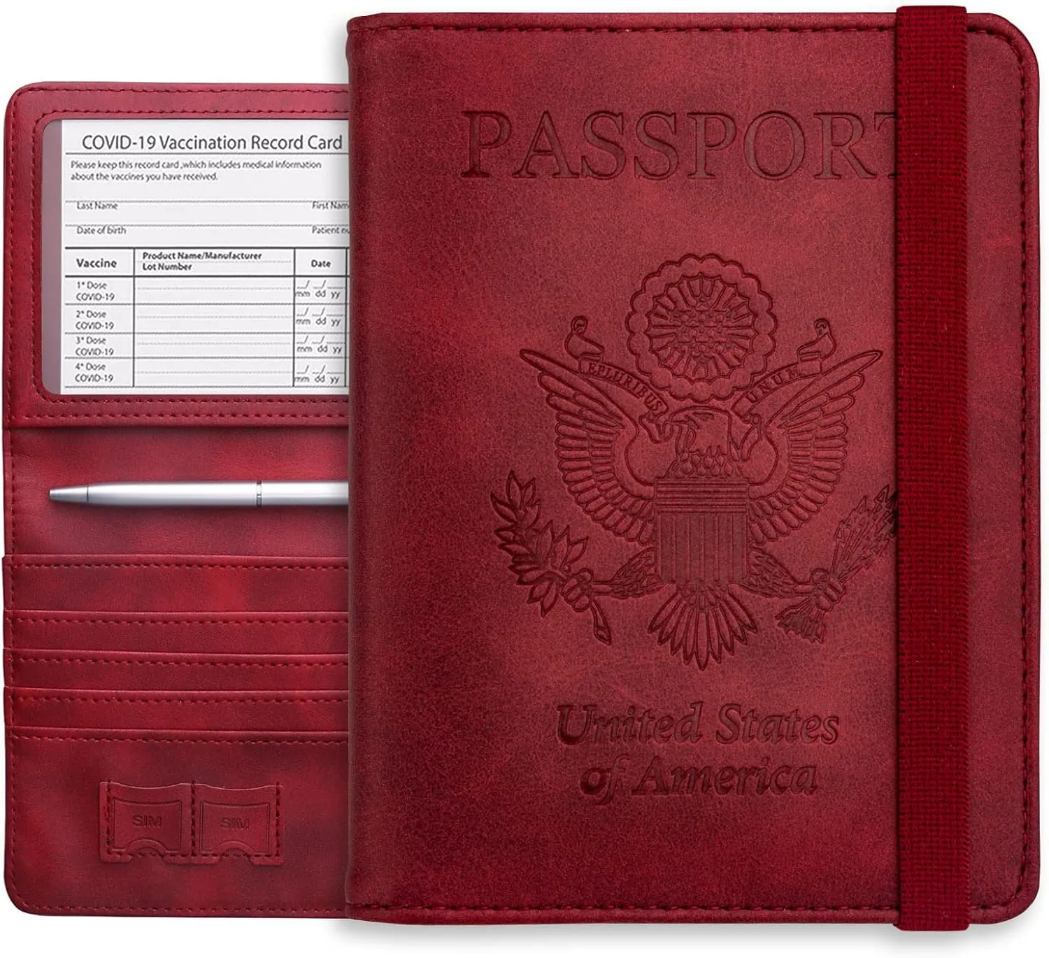 WALNEW Passport Holder Wallet, RFID Blocking Passport Cover Case PU leather Card Holder with Pen and Clear Card Slot for Women Men, Red