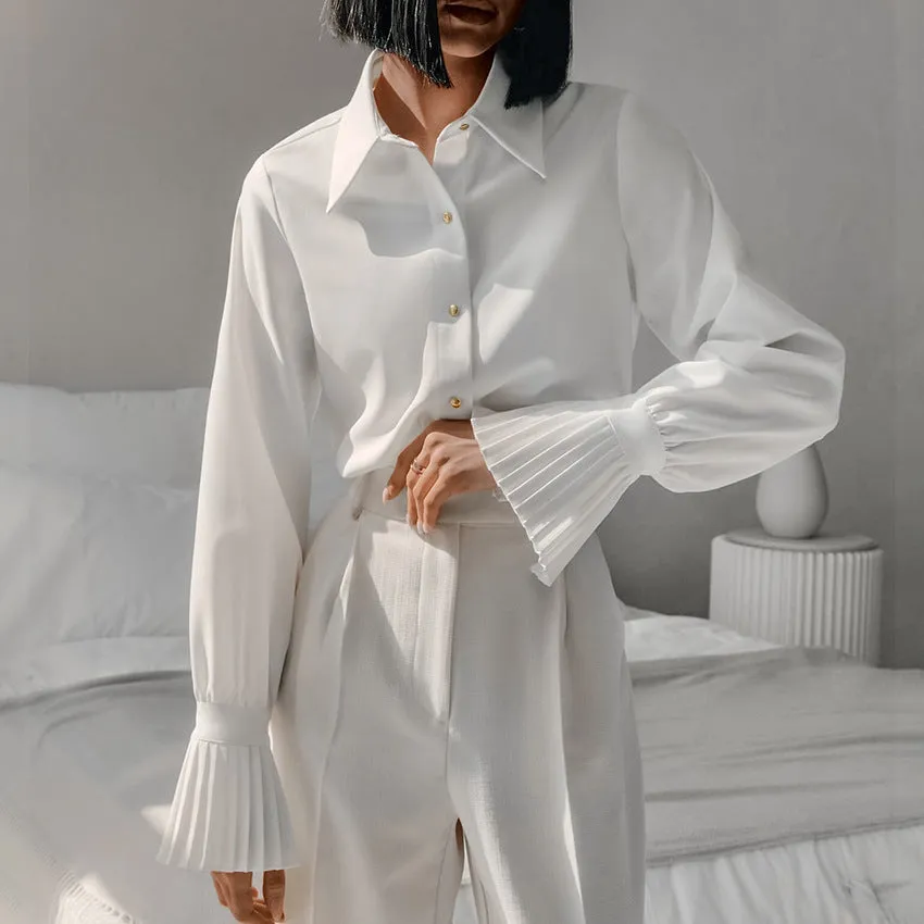 Women's Autumn Fashion Bell Sleeve White Collared Office Shirt