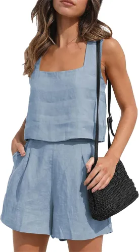 YMING Womens 2 Piece Outfits Linen Matching Sets Sleeveless Crop Tank Tops and High Waist Lounge Shorts with Pockets