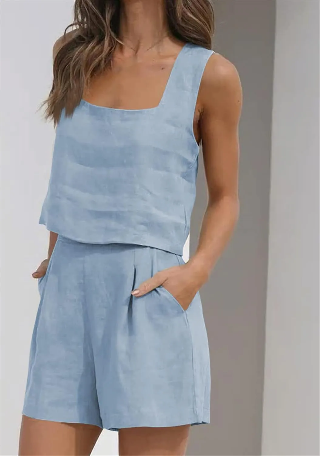 YMING Womens 2 Piece Outfits Linen Matching Sets Sleeveless Crop Tank Tops and High Waist Lounge Shorts with Pockets