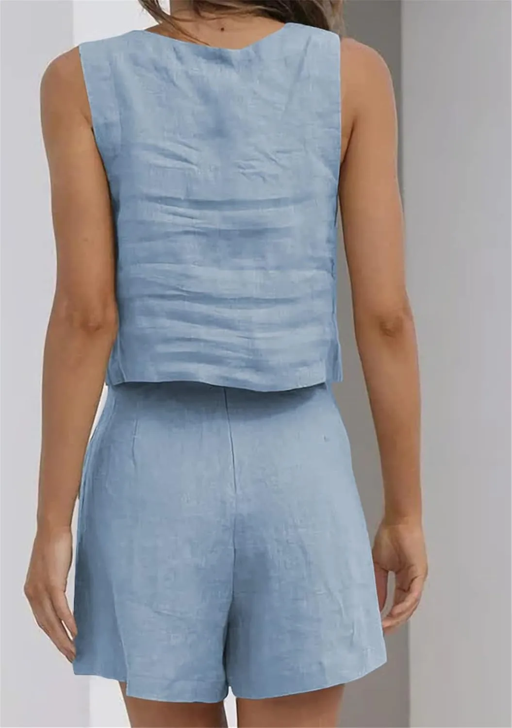 YMING Womens 2 Piece Outfits Linen Matching Sets Sleeveless Crop Tank Tops and High Waist Lounge Shorts with Pockets